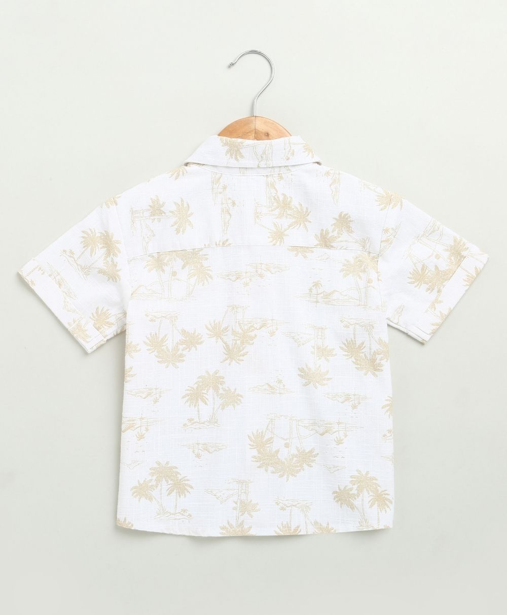 Palm Tree Printed Cotton Linen Co-ord Set - White