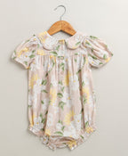 Baby Girls' Blush Bouquet Bubble Cotton Romper with a matching Bow Hairband - Beige