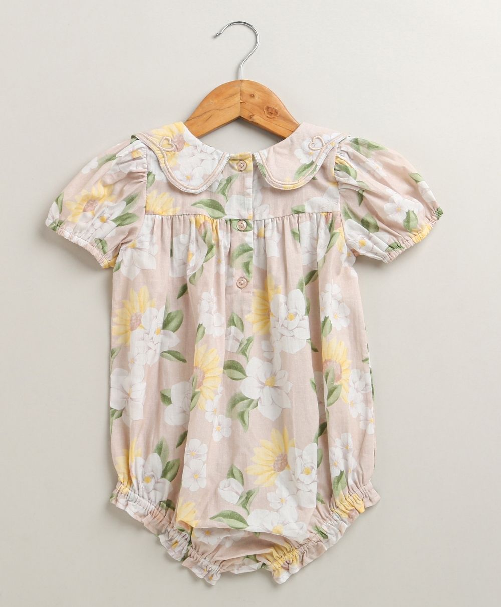 Baby Girls' Blush Bouquet Bubble Cotton Romper with a matching Bow Hairband - Beige