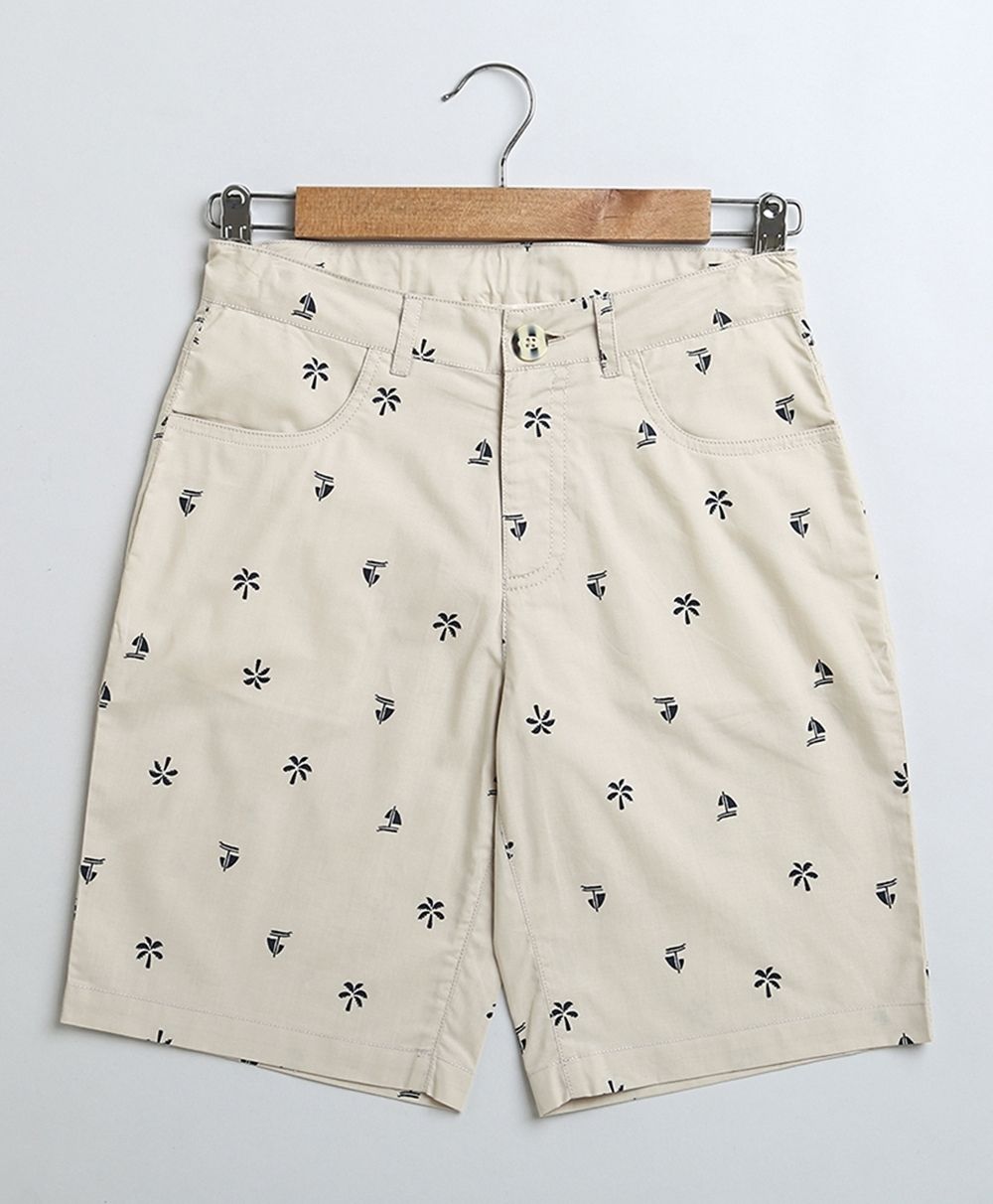 Palm Leaves Printed Cotton Poplin Shorts - Beige