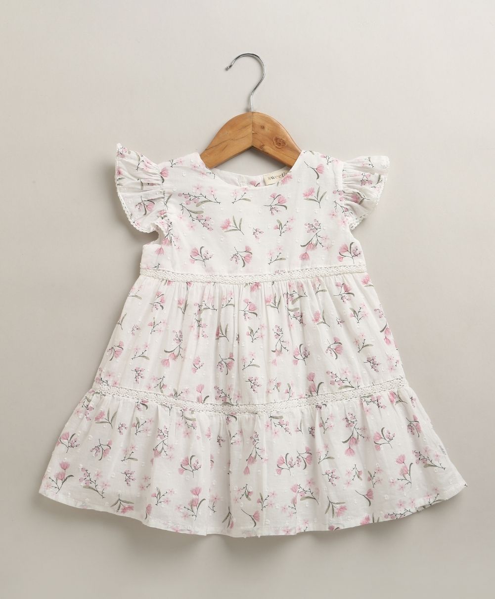Blossom Breeze Organic Cotton Baby Dress with Hairband – White