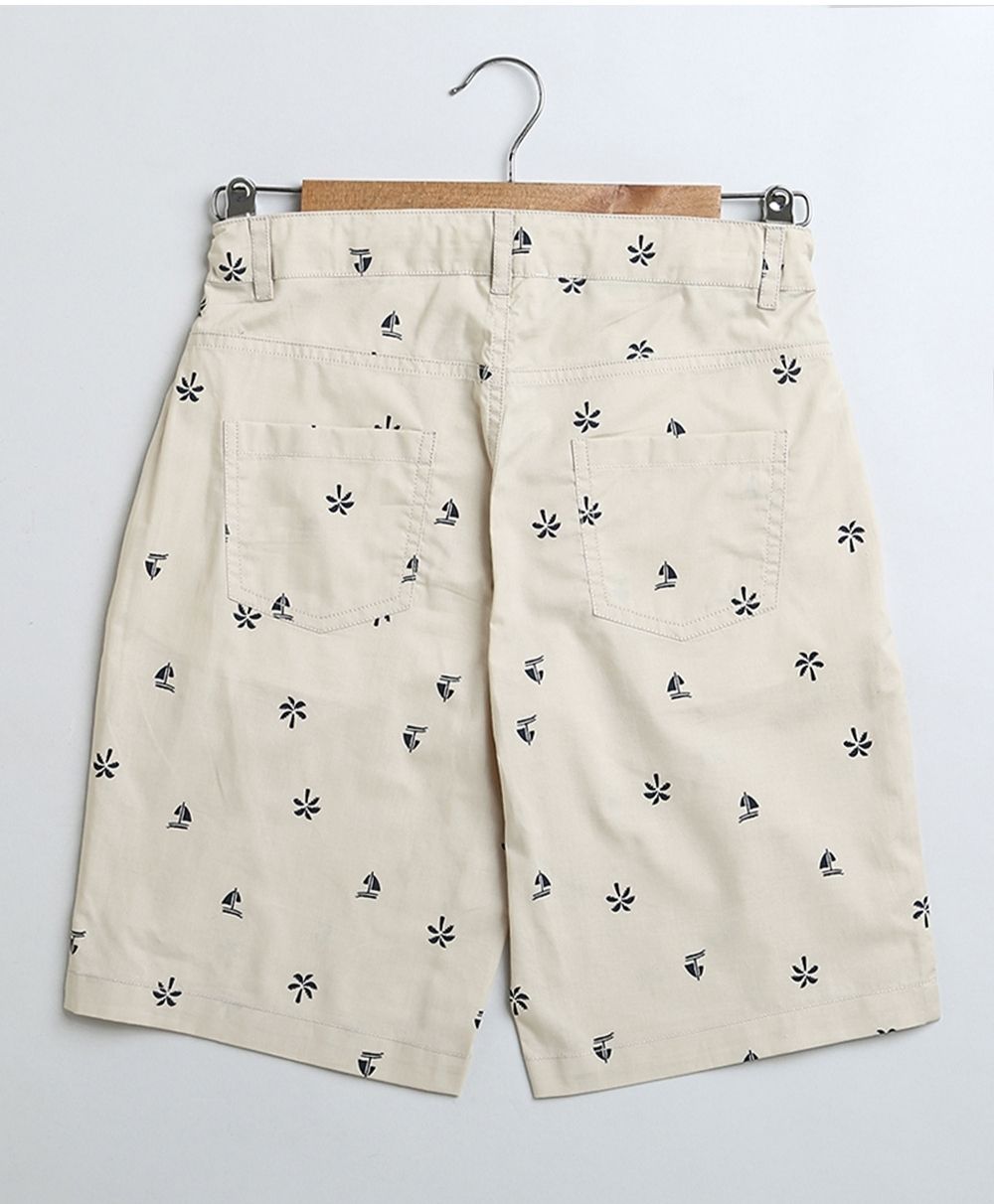 Palm Leaves Printed Cotton Poplin Shorts - Beige