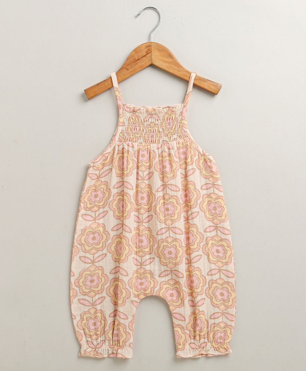 Groovy Bloom Smocked Cotton Romper & Hairband Co-ord Set - Beige