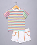 Striped T-shirt & Multicoloured Embroidery Short - Multicoloured & White