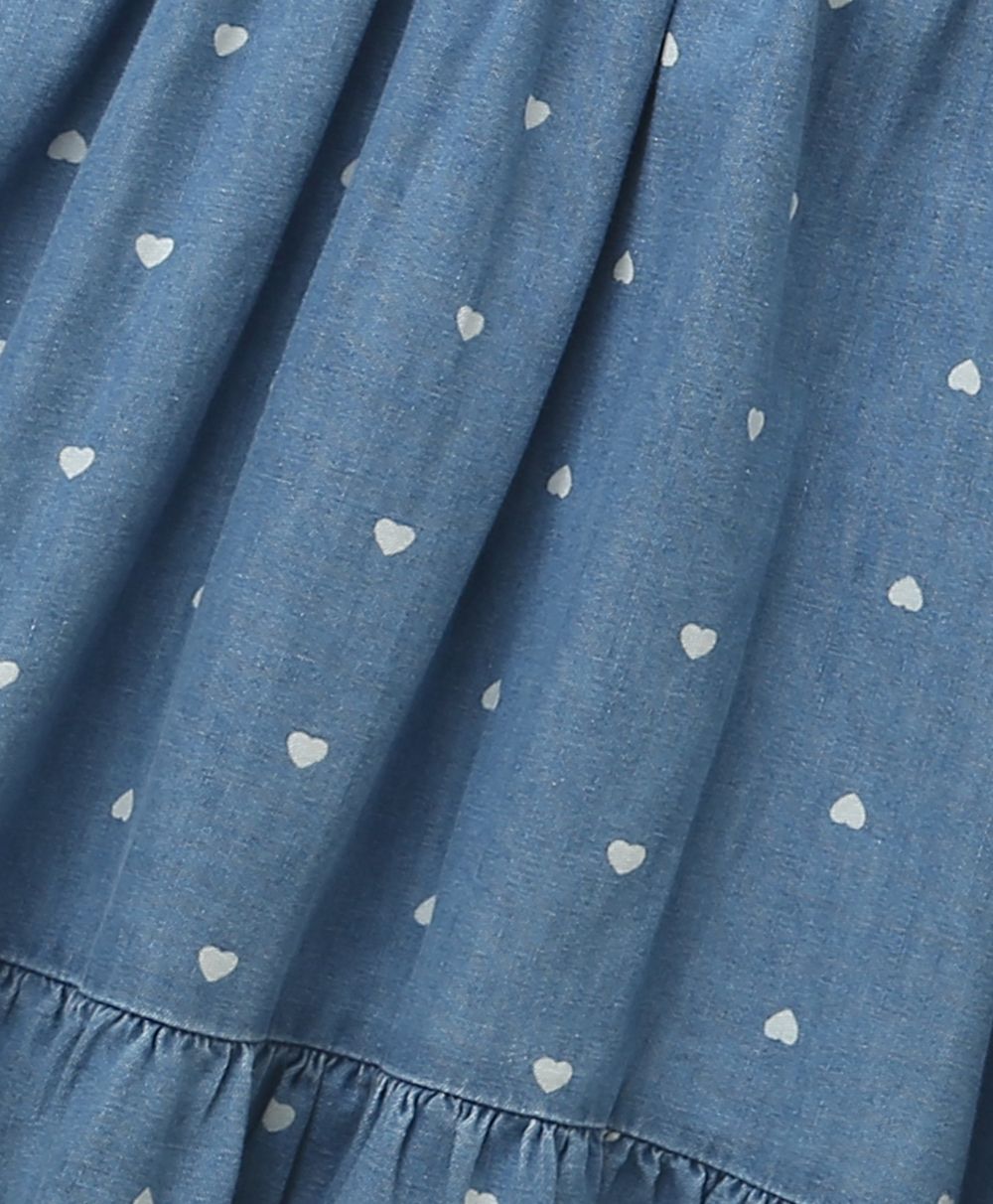 White Hearts Embroidery Cotton Denim Full Sleeves Dress - Blue