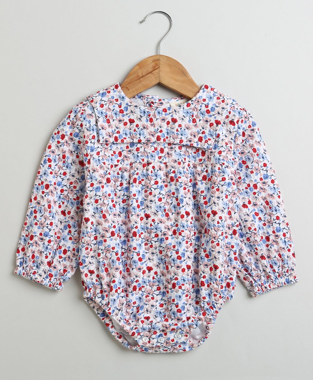 Red & Blue Floral Print Organic Cotton Bodysuit - Multicoloured