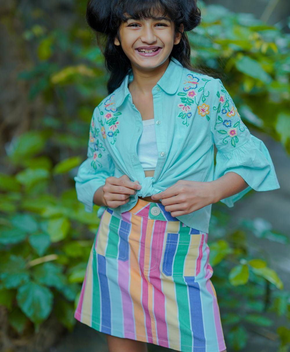 Cotton Shirt Rainbow Striped Skirt - Mint Green & Multicoloured