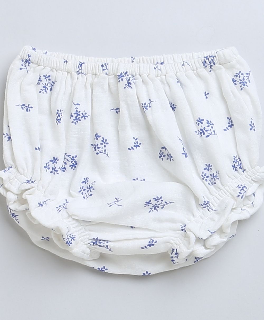 Baby Girls Blue Floral Printed Cotton Dress with a Bloomer - White