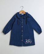 Floral Embroidery Cotton Denim Dress - Navy