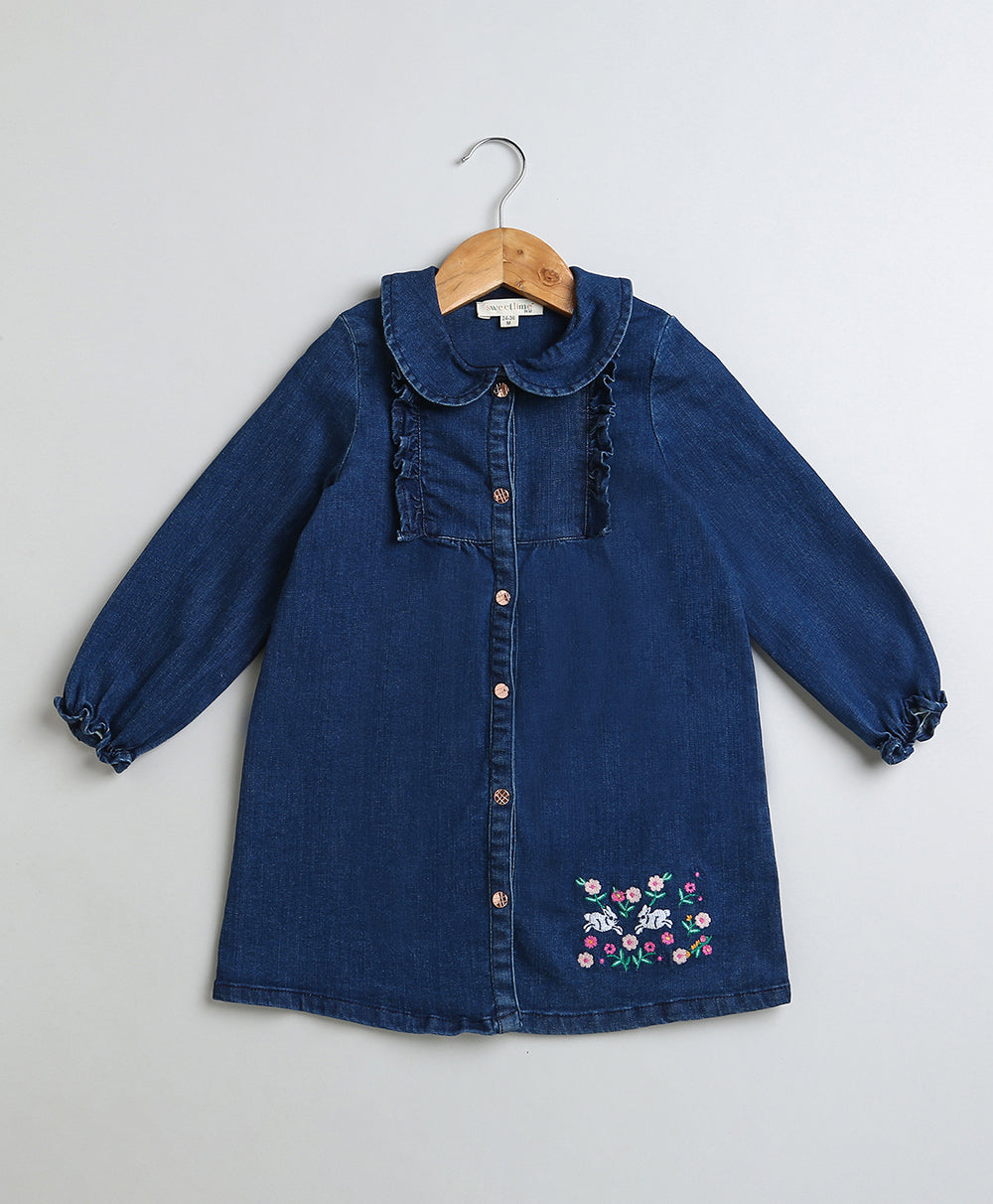 Floral Embroidery Cotton Denim Dress - Navy