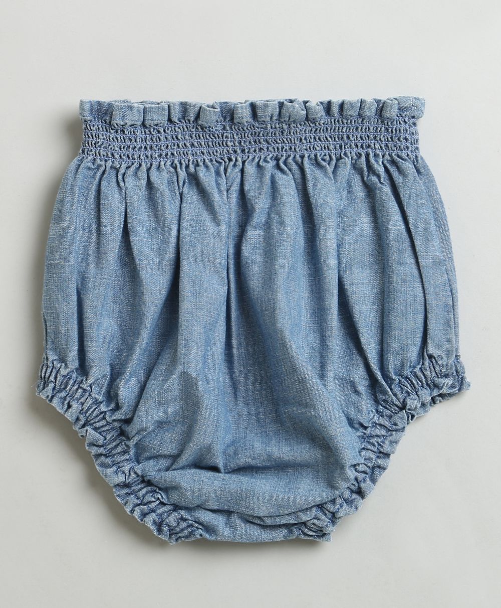 Cotton Denim Ruffle Dress & Bloomer Set - Blue