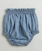 Cotton Denim Ruffle Dress & Bloomer Set - Blue