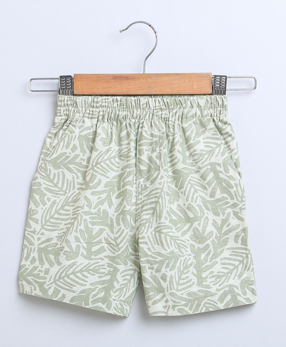 Leaf Printed Cotton Linen Shirt & Shorts Boys Co-ord Set - Olive
