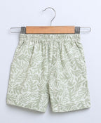 Leaf Printed Cotton Linen Shirt & Shorts Boys Co-ord Set - Olive