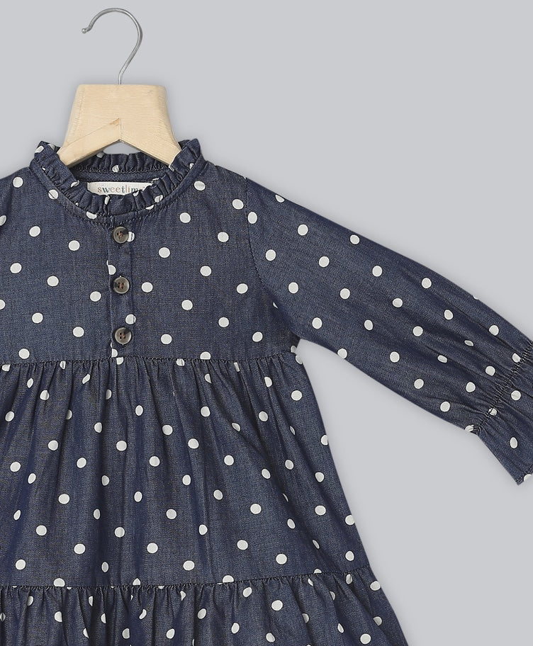 Cotton Denim All Over Polka Dot Printed Dress - Navy