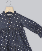 Cotton Denim All Over Polka Dot Printed Dress - Navy