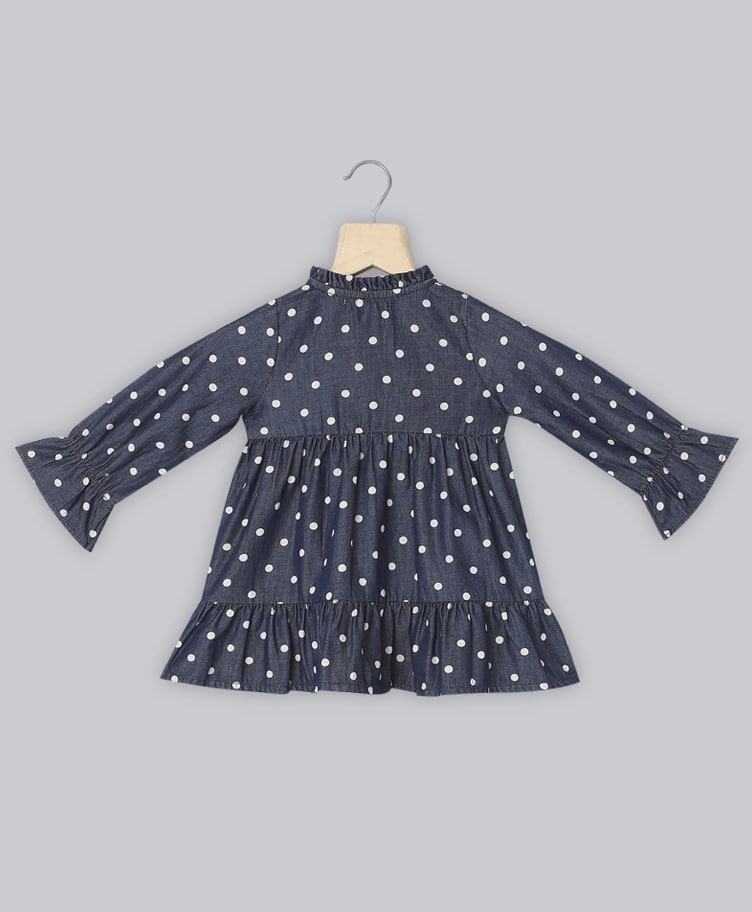 Cotton Denim All Over Polka Dot Printed Dress - Navy