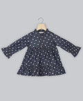 Cotton Denim All Over Polka Dot Printed Dress - Navy