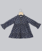 Cotton Denim All Over Polka Dot Printed Dress - Navy