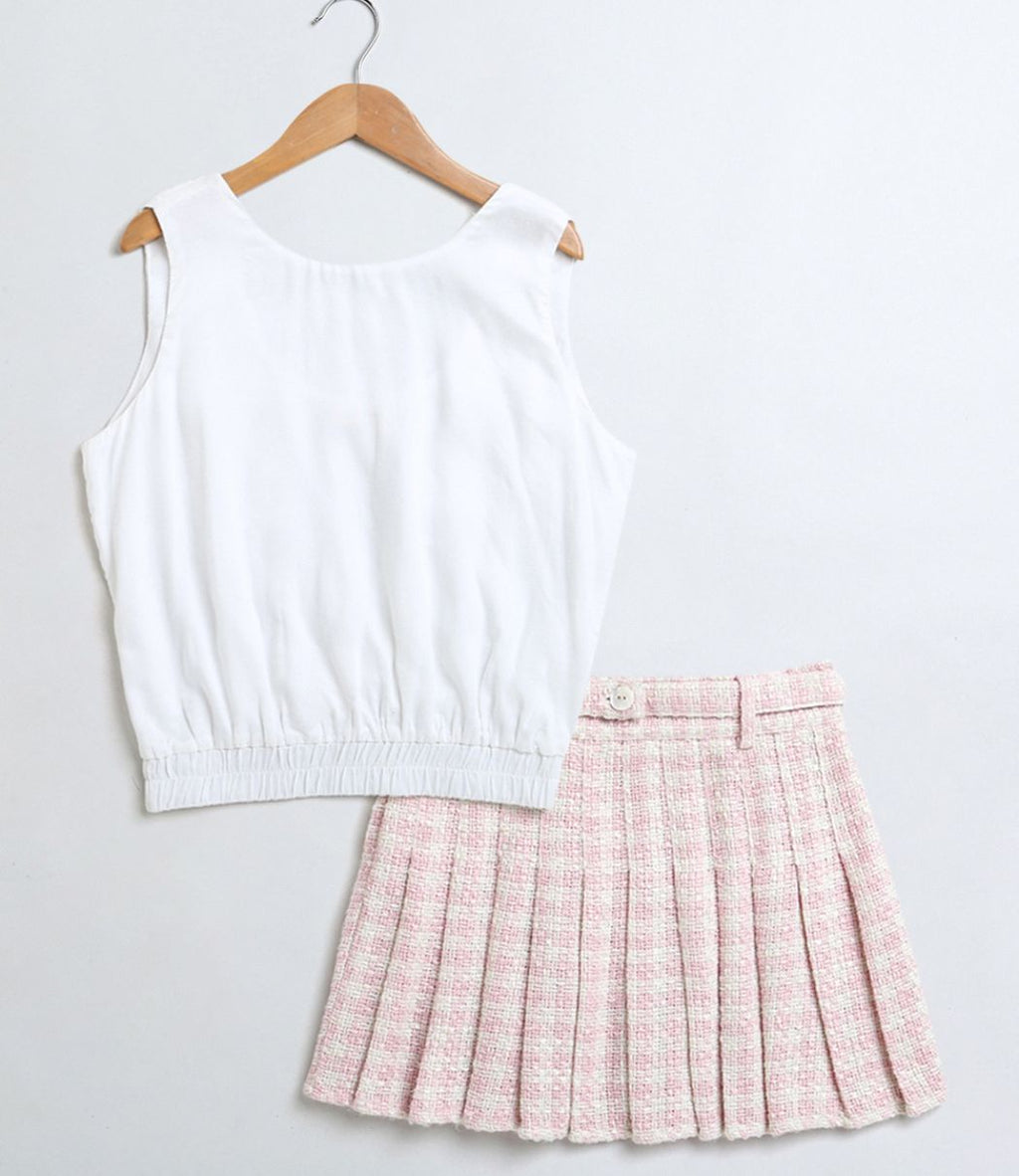 Stylish Solid Viscose Top & a Cotton Tweed Jacquard Skirt Set - White & Pink