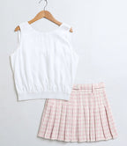 Stylish Solid Viscose Top & a Cotton Tweed Jacquard Skirt Set - White & Pink