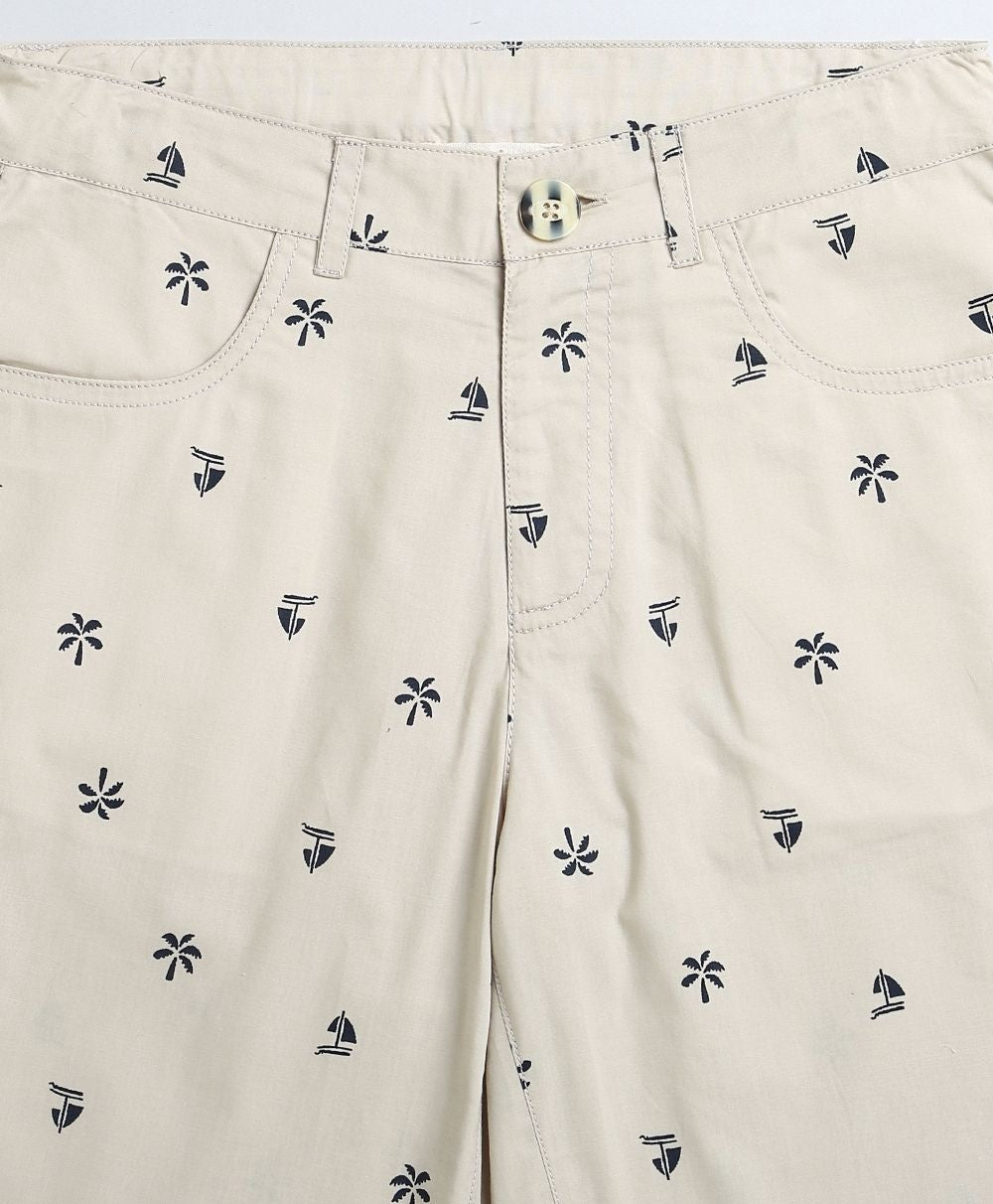 Palm Leaves Printed Cotton Poplin Shorts - Beige