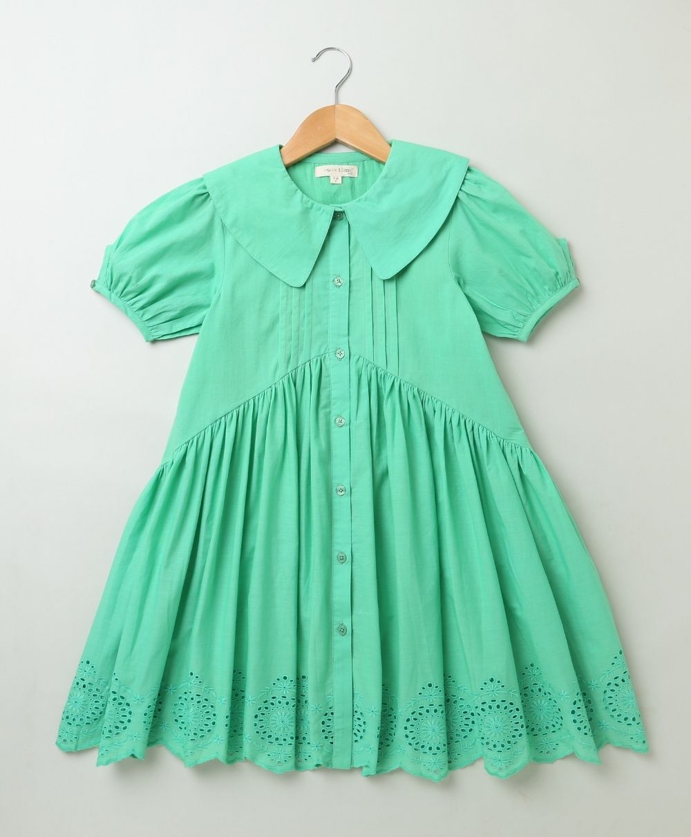 Peter Pan Collar Tiered Cotton Dress - Green