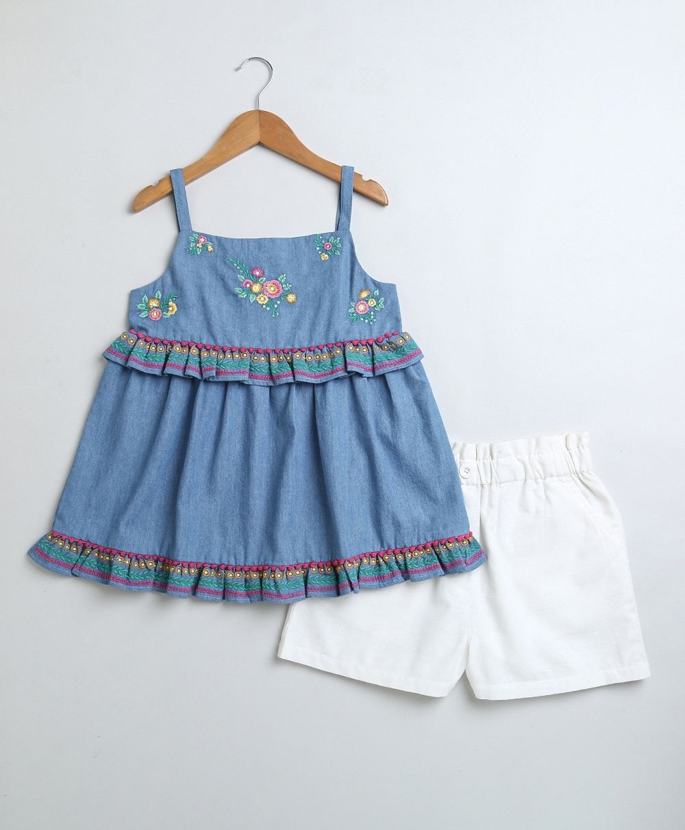 Denim Floral Embroidery Top & White Linen Shorts Co-ord Set - Blue & White