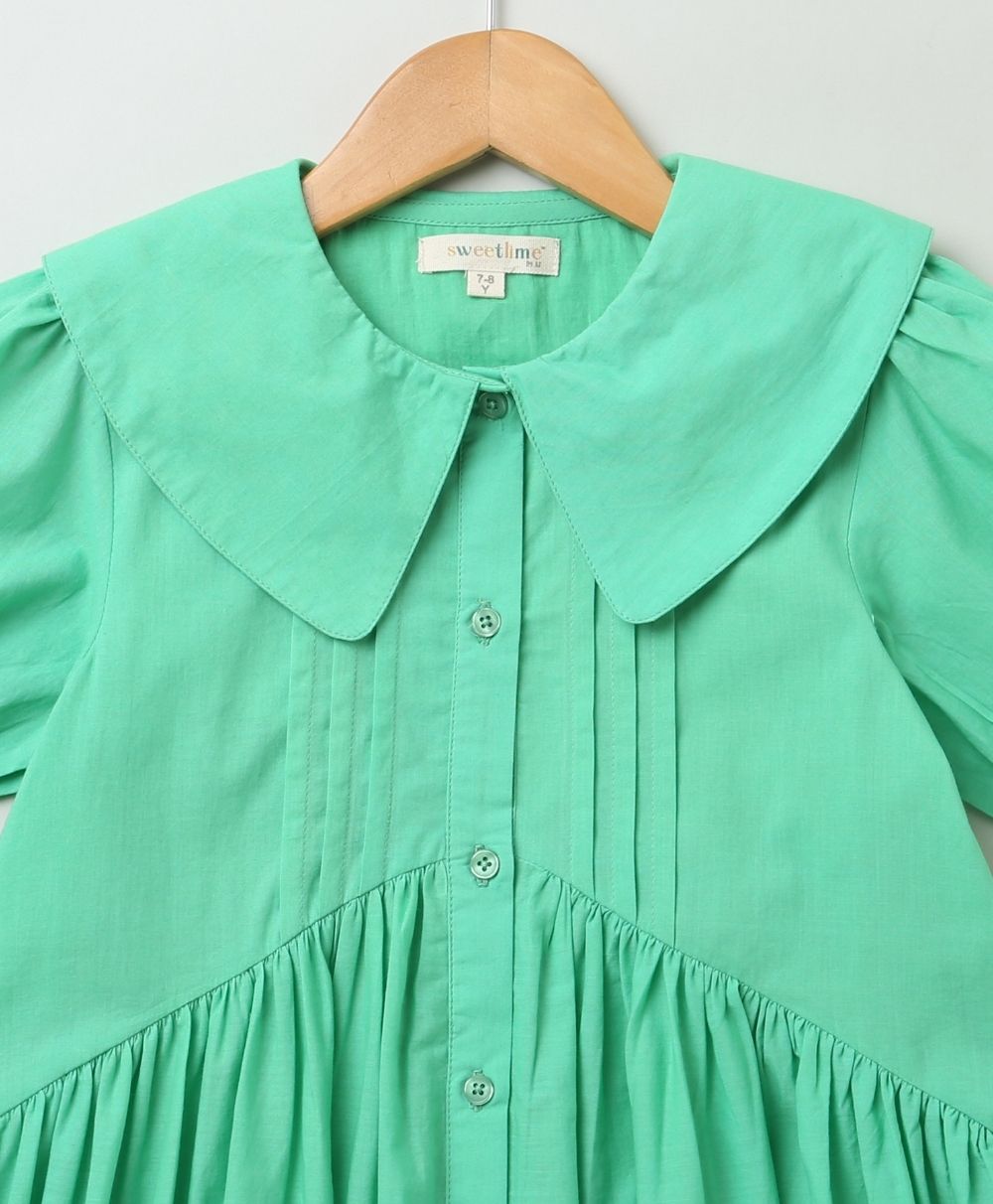 Peter Pan Collar Tiered Cotton Dress - Green