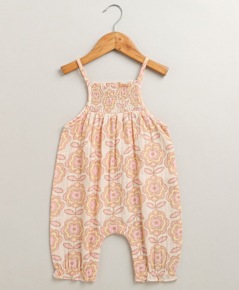 Groovy Bloom Smocked Cotton Romper & Hairband Co-ord Set - Beige