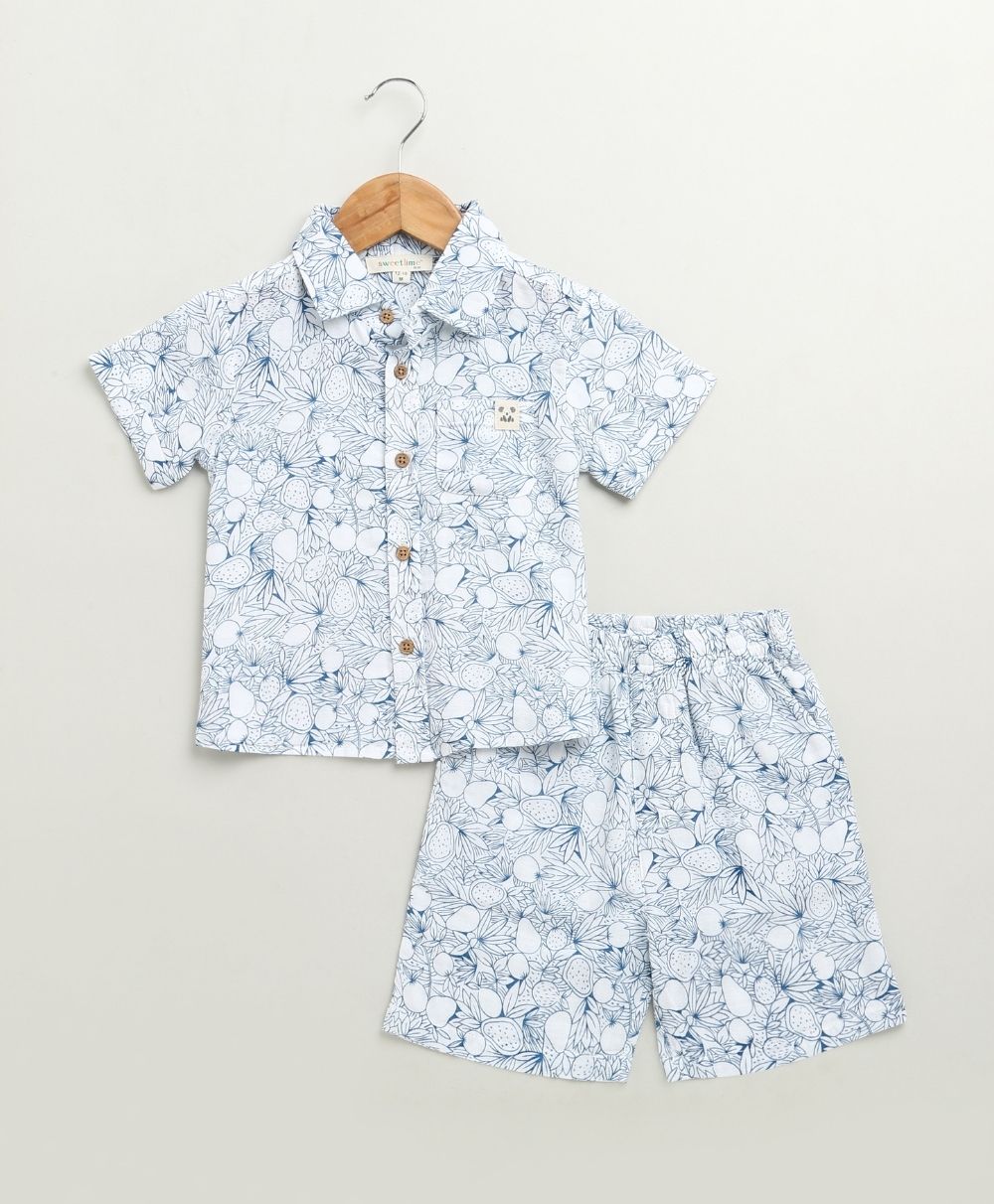 Lemon Print Cotton Printed Co-ord Set - White & Blue