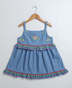 Denim Floral Embroidery Top & White Linen Shorts Co-ord Set - Blue & White
