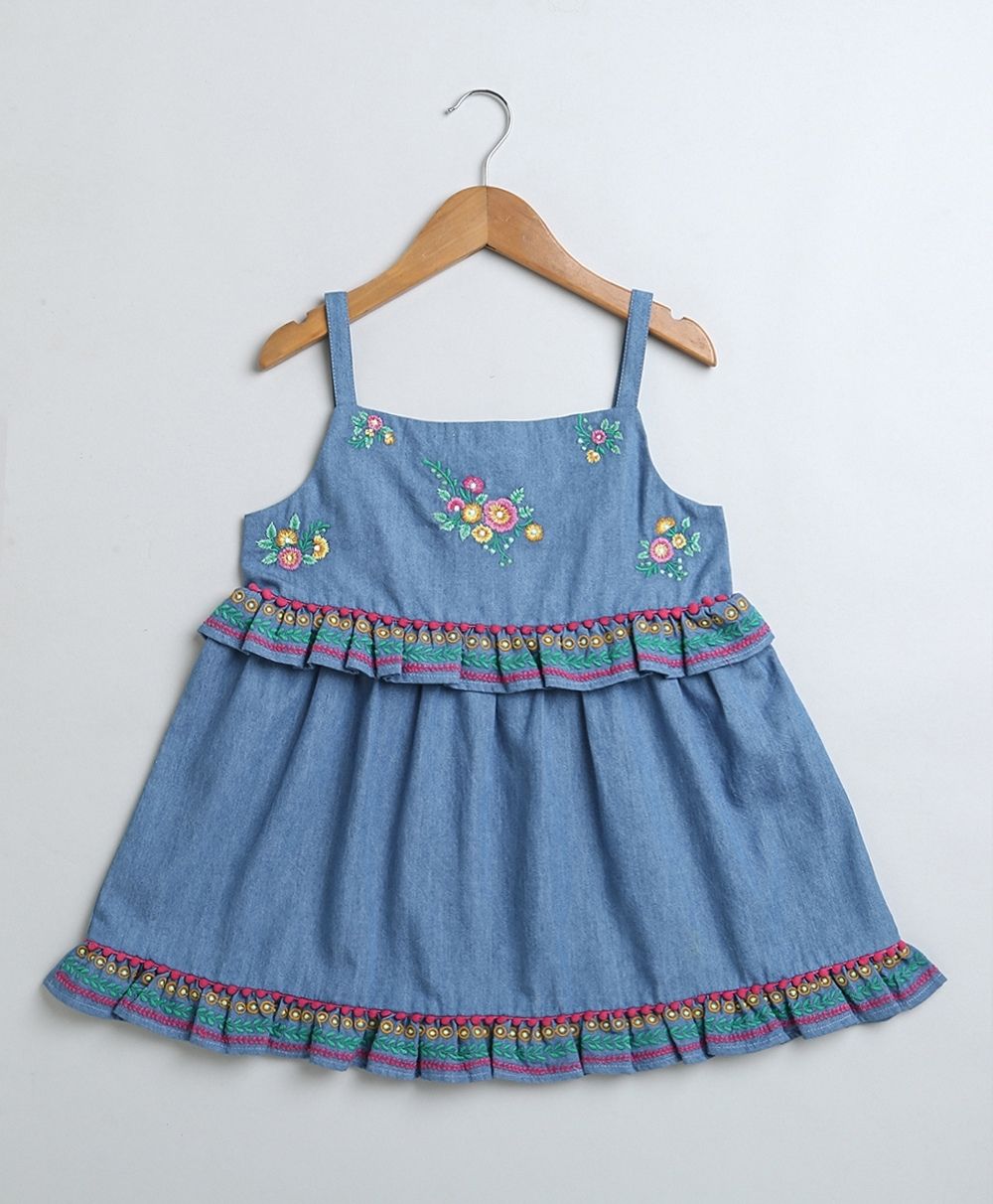 Denim Floral Embroidery Top & White Linen Shorts Co-ord Set - Blue & White