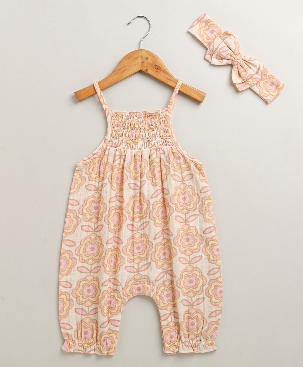 Groovy Bloom Smocked Cotton Romper & Hairband Co-ord Set - Beige