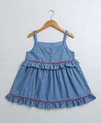 Denim Floral Embroidery Top & White Linen Shorts Co-ord Set - Blue & White