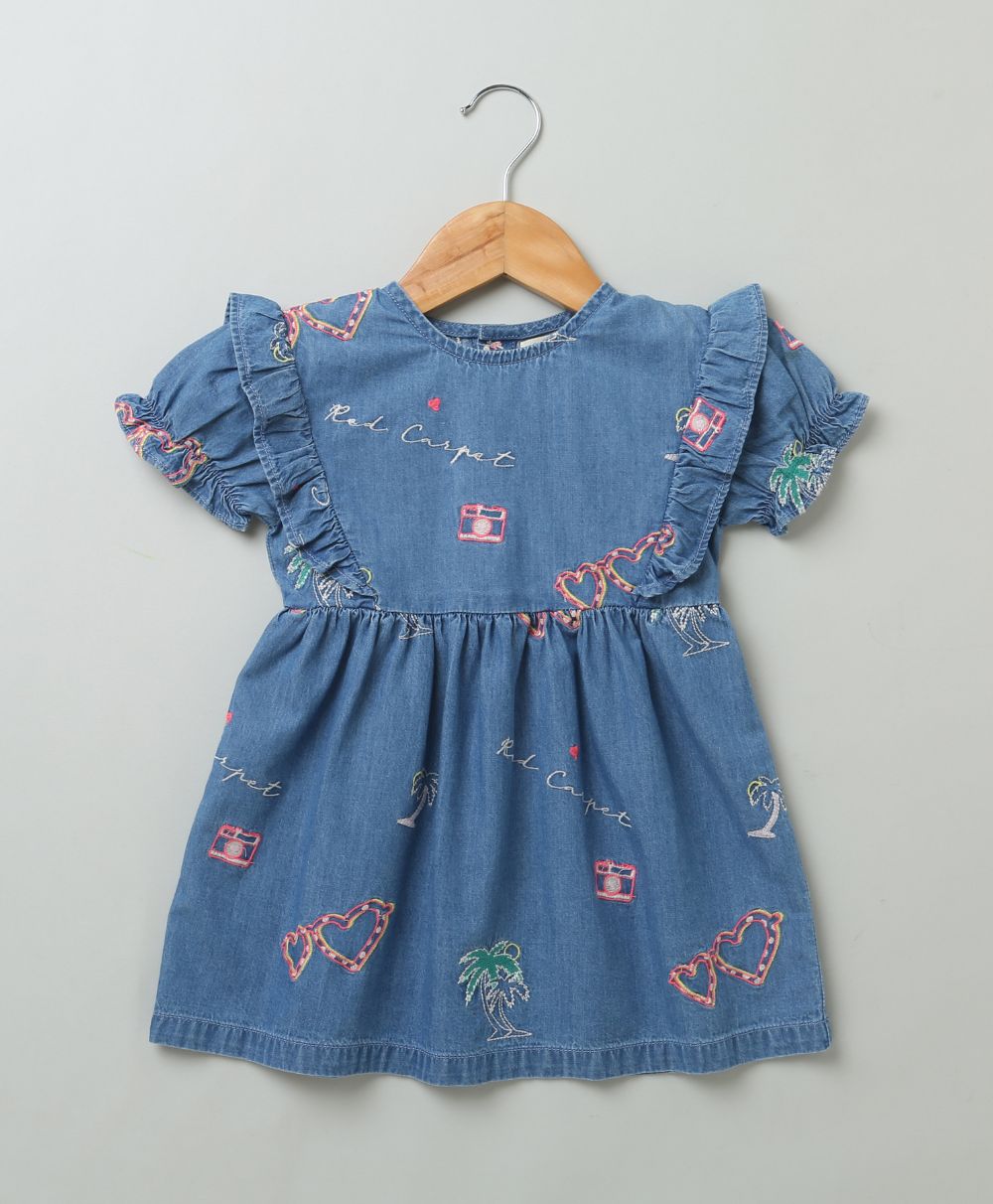 Short Sleeves Denim Dress with Palm Tree and  Neon Heart Embroidery - Blue