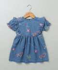 Short Sleeves Denim Dress with Palm Tree and  Neon Heart Embroidery - Blue