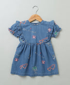 Short Sleeves Denim Dress with Palm Tree and  Neon Heart Embroidery - Blue