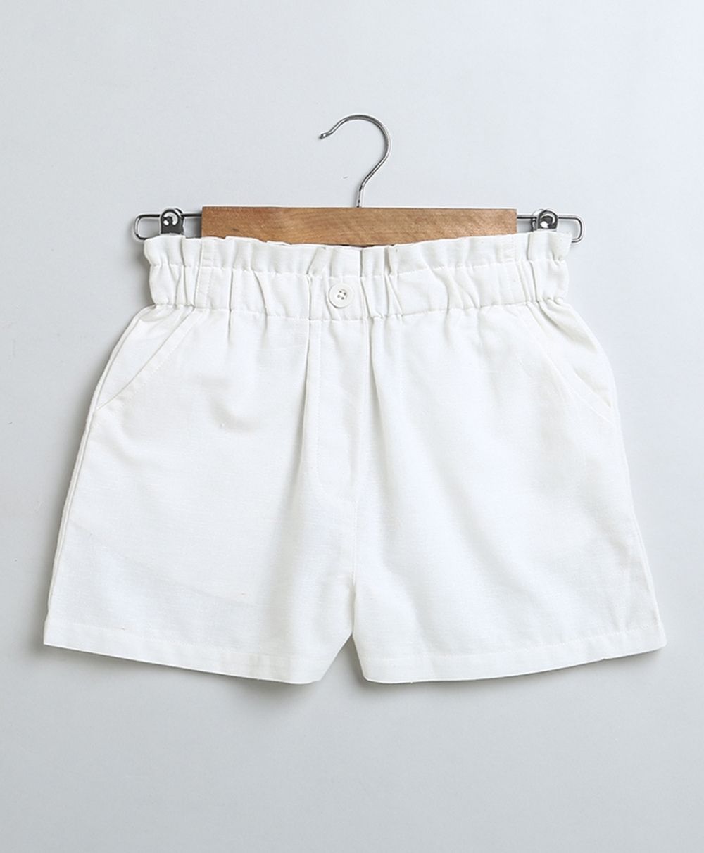 Denim Floral Embroidery Top & White Linen Shorts Co-ord Set - Blue & White