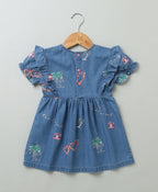 Short Sleeves Denim Dress with Palm Tree and  Neon Heart Embroidery - Blue
