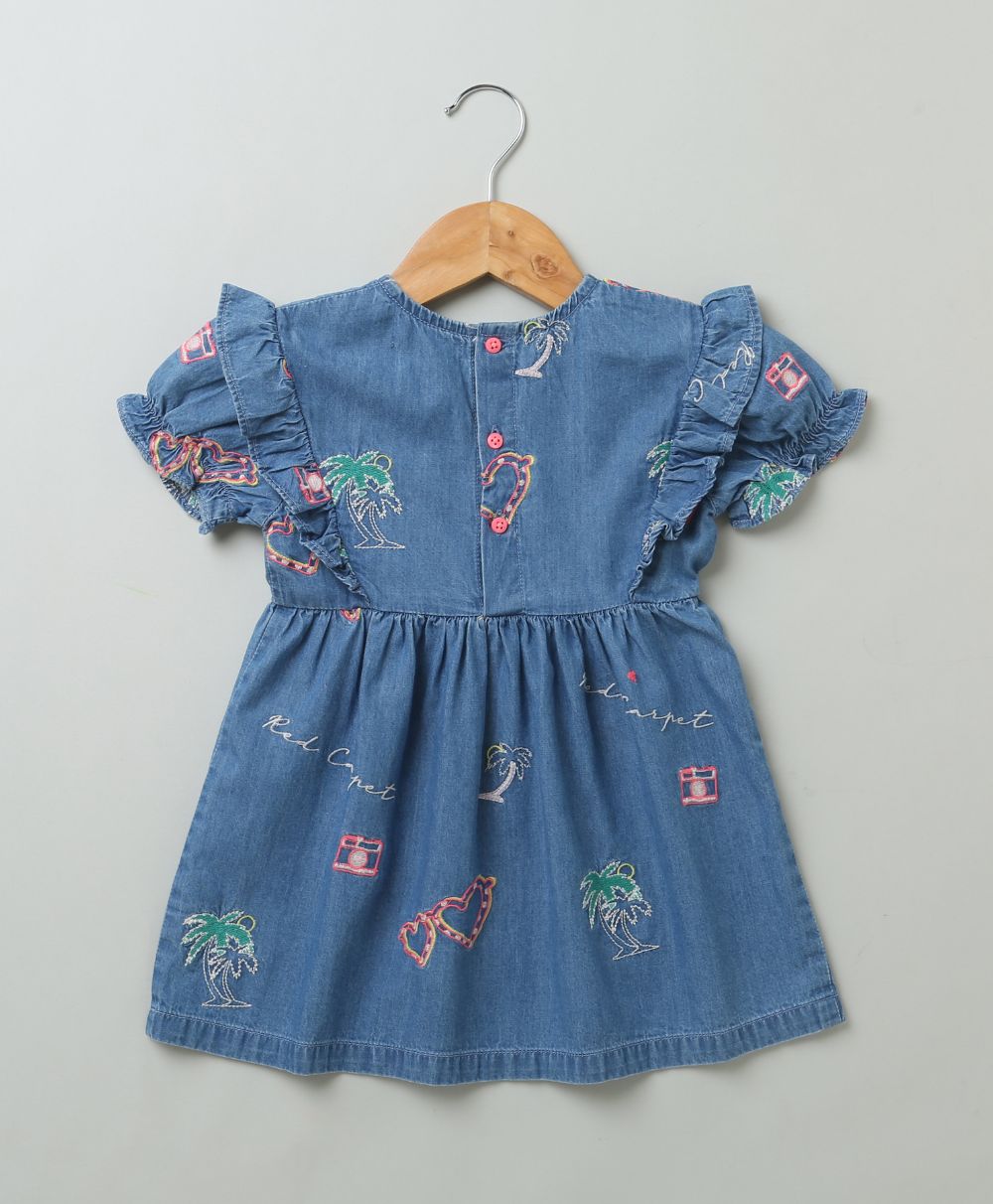 Short Sleeves Denim Dress with Palm Tree and  Neon Heart Embroidery - Blue