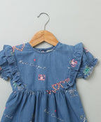 Short Sleeves Denim Dress with Palm Tree and  Neon Heart Embroidery - Blue