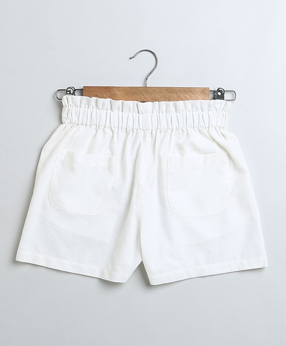 Denim Floral Embroidery Top & White Linen Shorts Co-ord Set - Blue & White