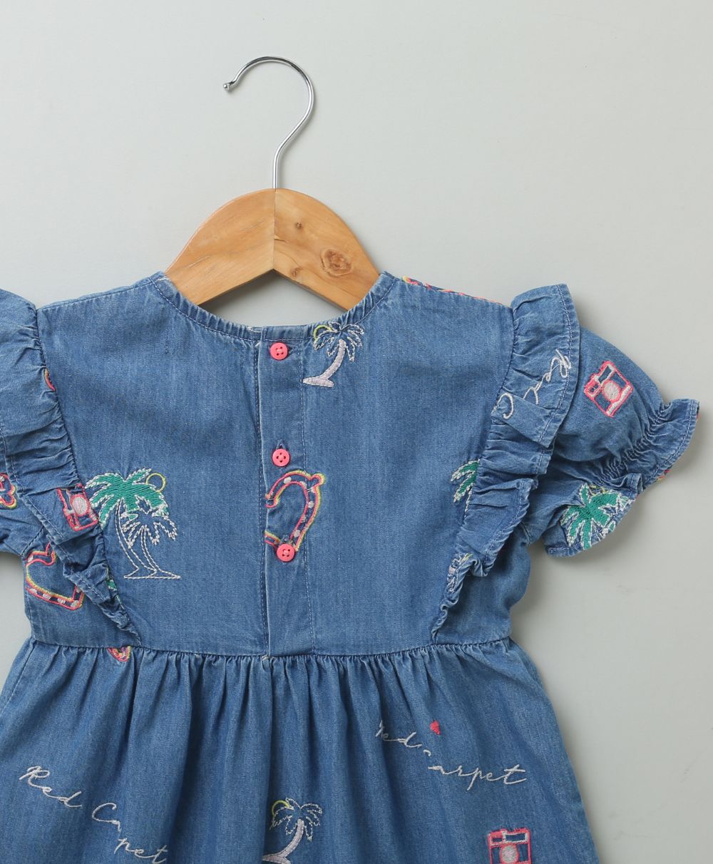 Short Sleeves Denim Dress with Palm Tree and  Neon Heart Embroidery - Blue