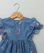 Short Sleeves Denim Dress with Palm Tree and  Neon Heart Embroidery - Blue