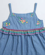 Denim Floral Embroidery Top & White Linen Shorts Co-ord Set - Blue & White