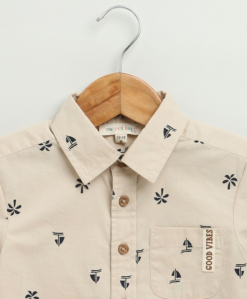 Boat Printed Cotton Poplin Co-ord Set - Beige