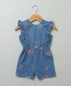Cotton Denim Playsuit with Palm Tree and Neon Heart Embroidery - Blue