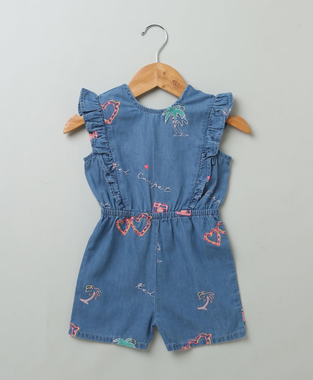 Cotton Denim Playsuit with Palm Tree and Neon Heart Embroidery - Blue