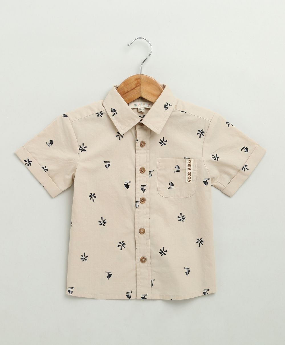 Boat Printed Cotton Poplin Co-ord Set - Beige